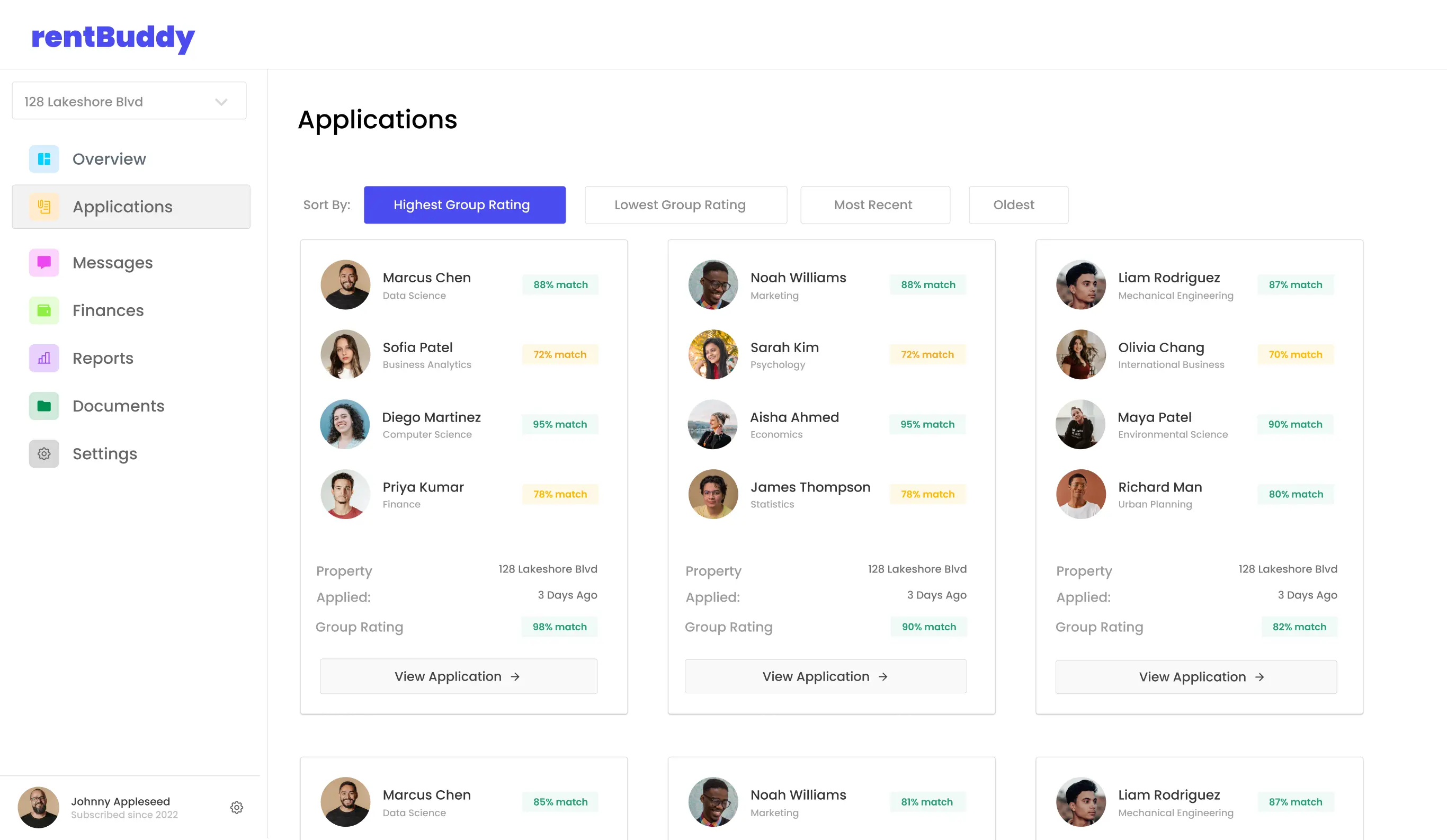 RentBuddy dashboard showing student rental application management interface